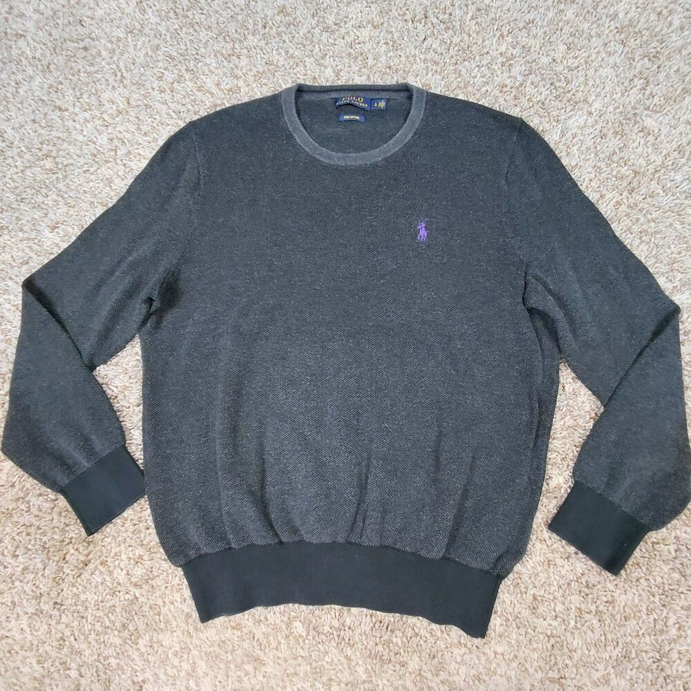 Polo Ralph Lauren Sweater Mens Large Dark Grey Pique Pima Cotton Pony Crew Neck